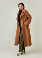 Women's Camel Brown Wool Fleece Long Coat - Timeless Winter Elegance