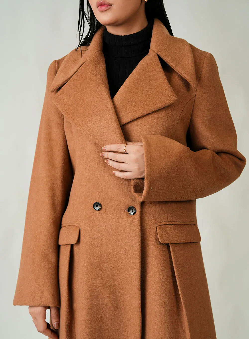 Women's Camel Brown Wool Fleece Long Coat - Timeless Winter Elegance Secondary image