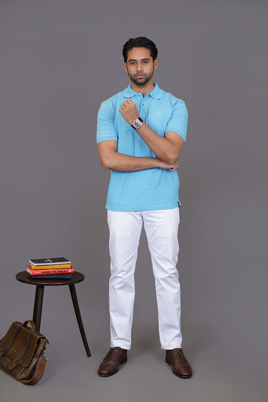 Close-up of sky blue polo shirt placket and buttons