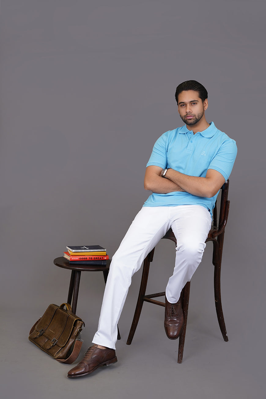 Back shoulder detail of sky blue polo shirt