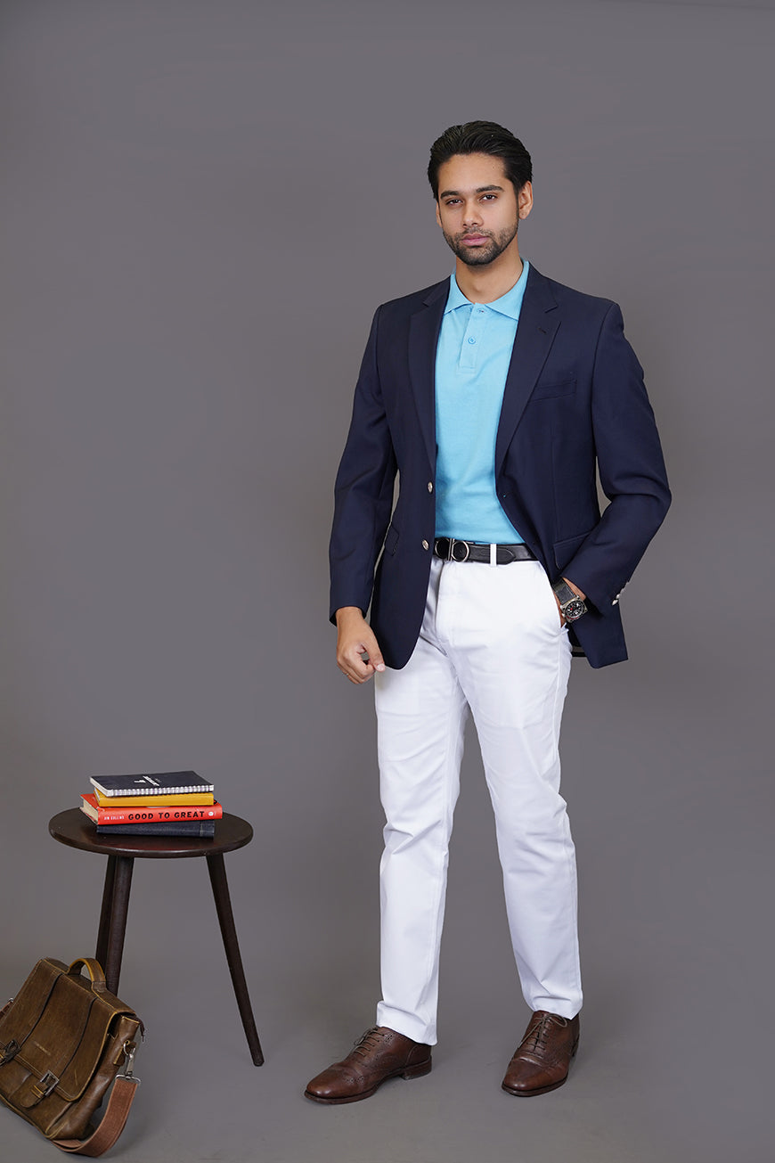 Side angle of sky blue polo showing sleeve length