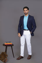 Side angle of sky blue polo showing sleeve length