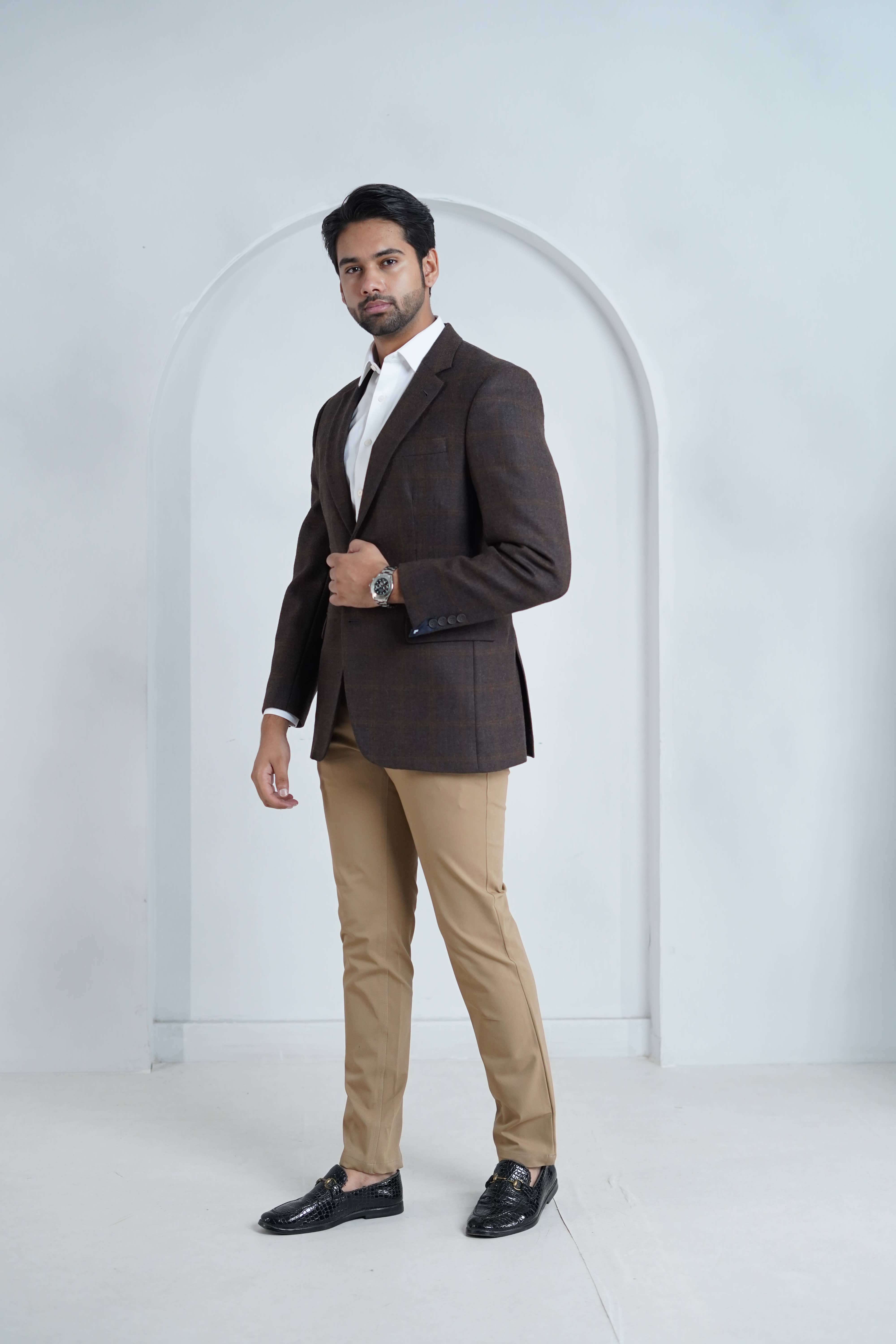 Chocolate Brown Windowpane Blazer (SKU: 2210-00220-040-5-037) - Tweed classic Main image