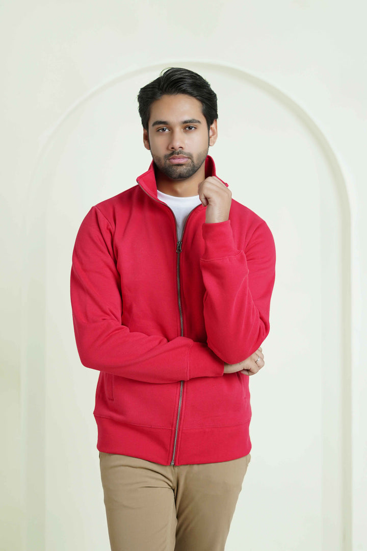Red Woolen Fleece Zipper Mock – Men’s Stylish Winter Top