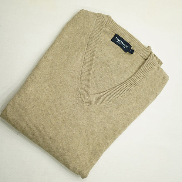 Sweater - 100% Cotton Full Sleeves-V Neck Beige Plain