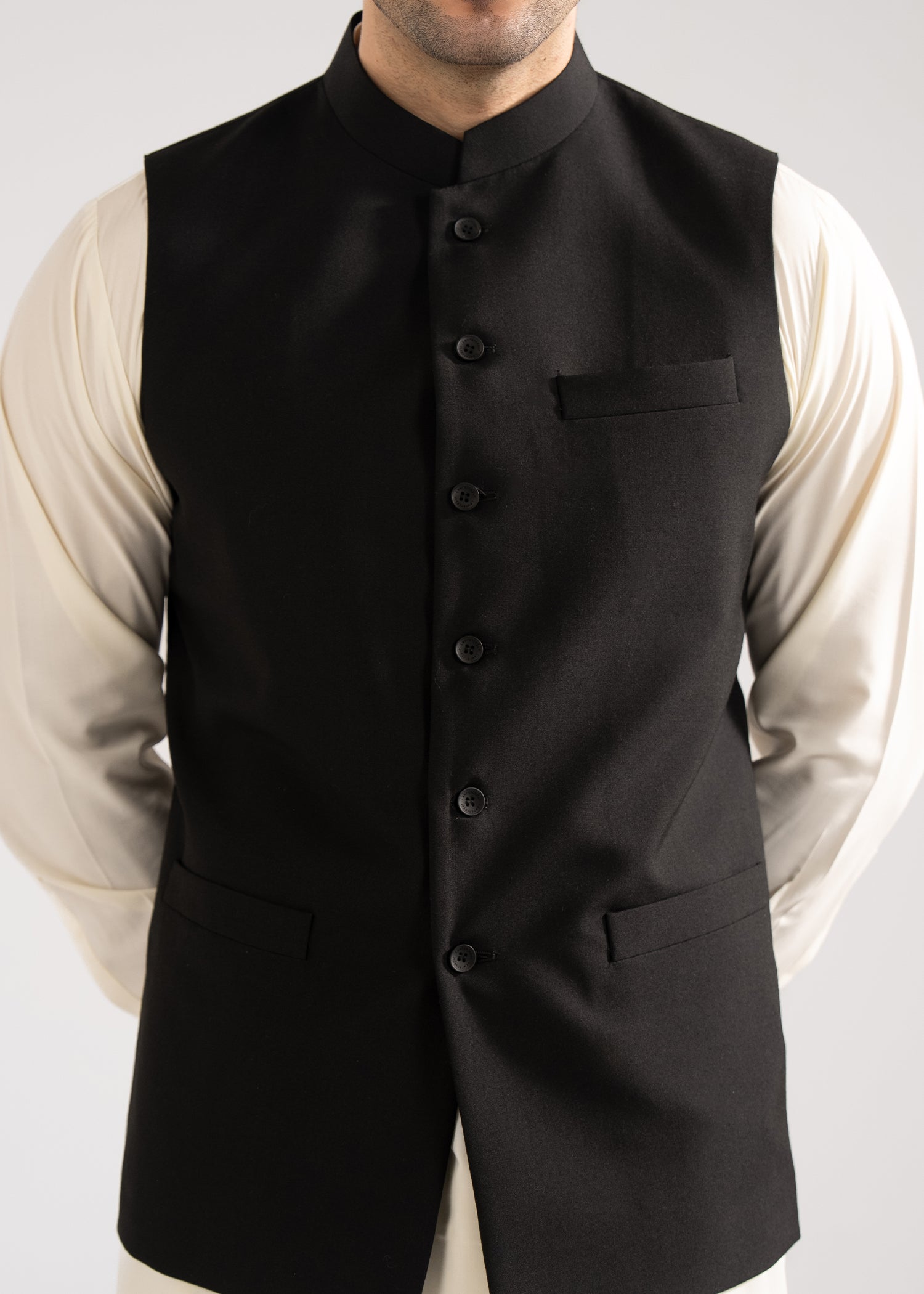 Plain-Black, Wool Blend Tropical Classic Waist Coat Secondary image