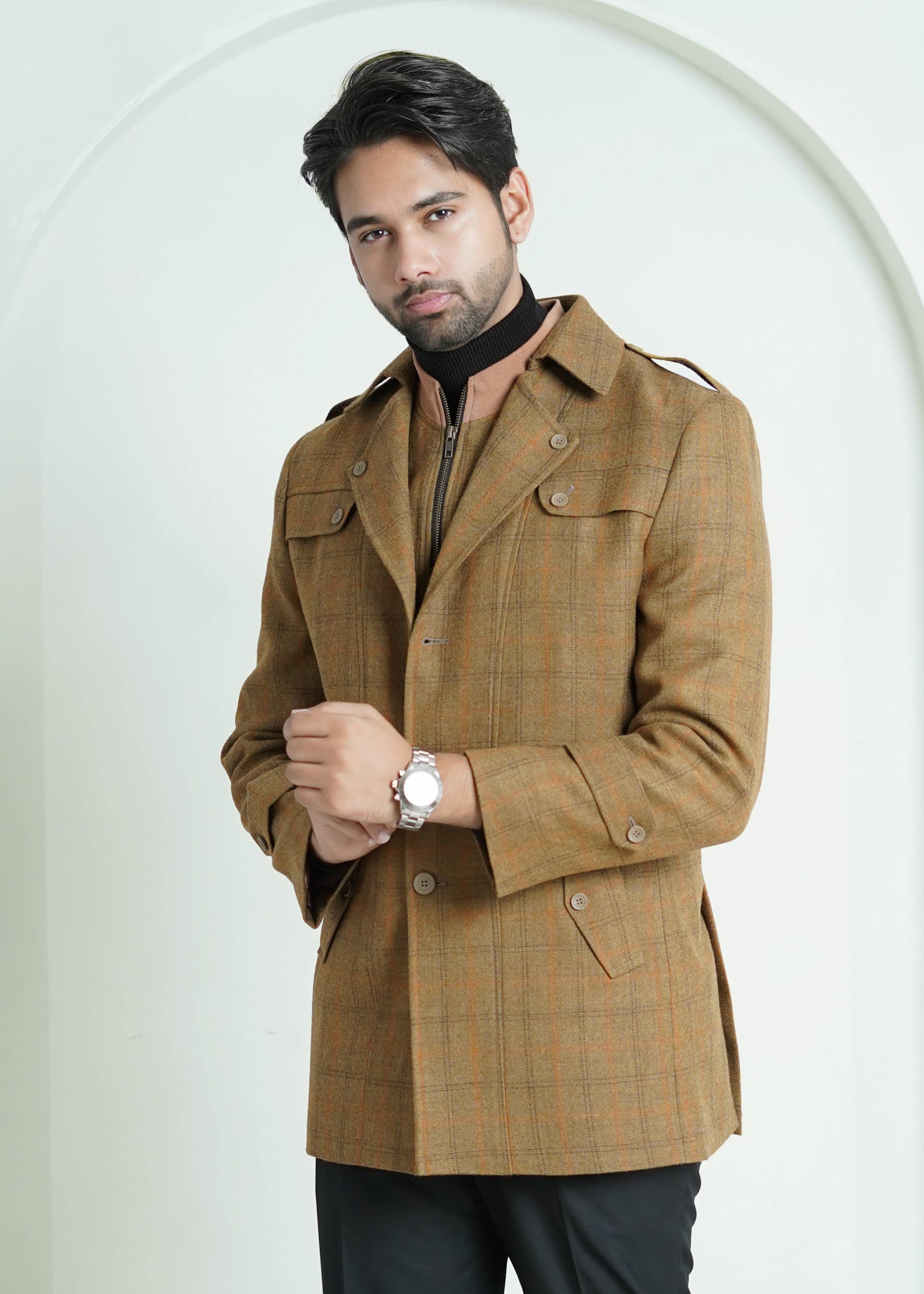 Double Jacket - Worsted Tweed Golden Brown Windowpane Checks