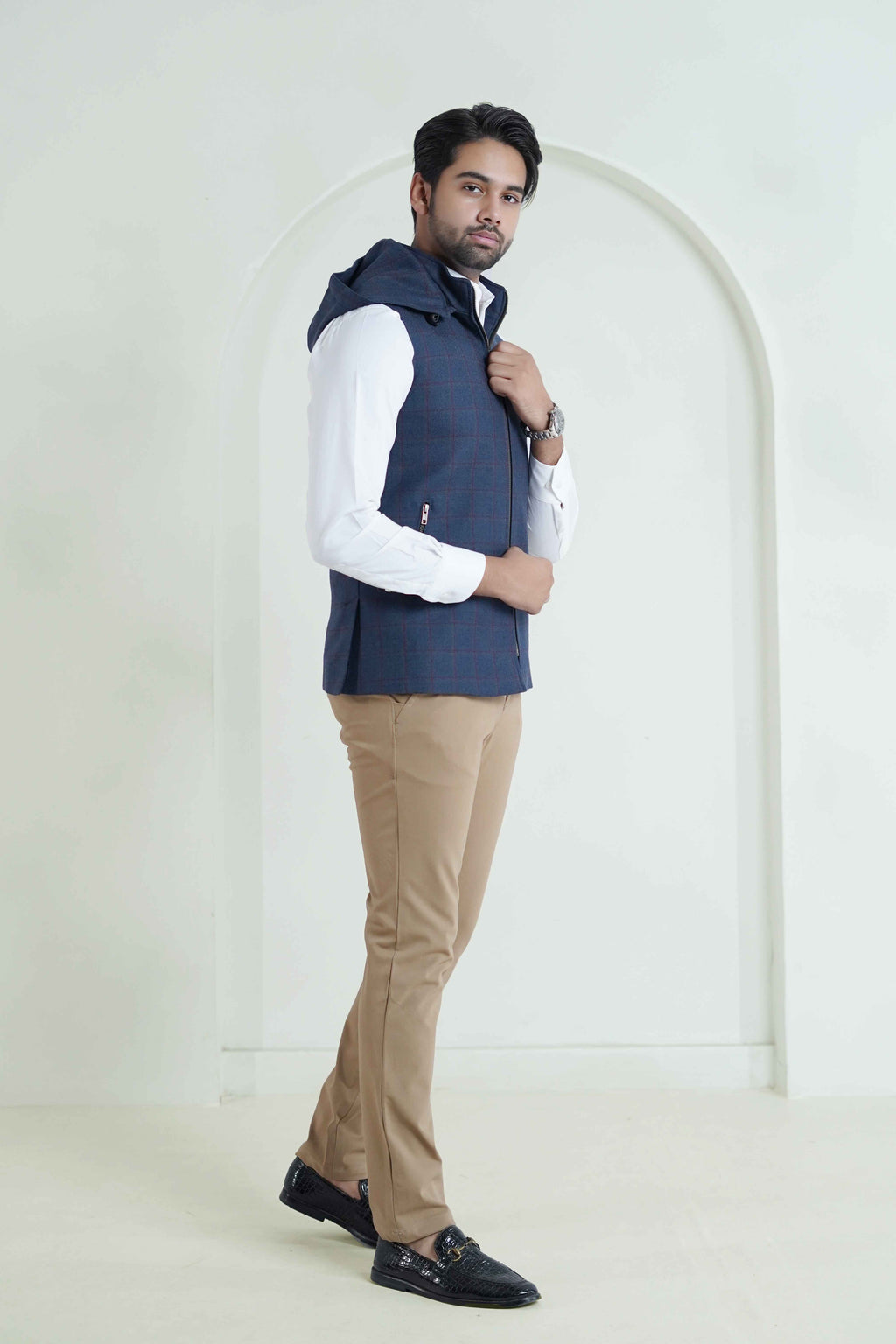 2560-00220-030-5-011 L-High Neck Hoodies Worsted Tweed Wool Rich Blue Winter 2