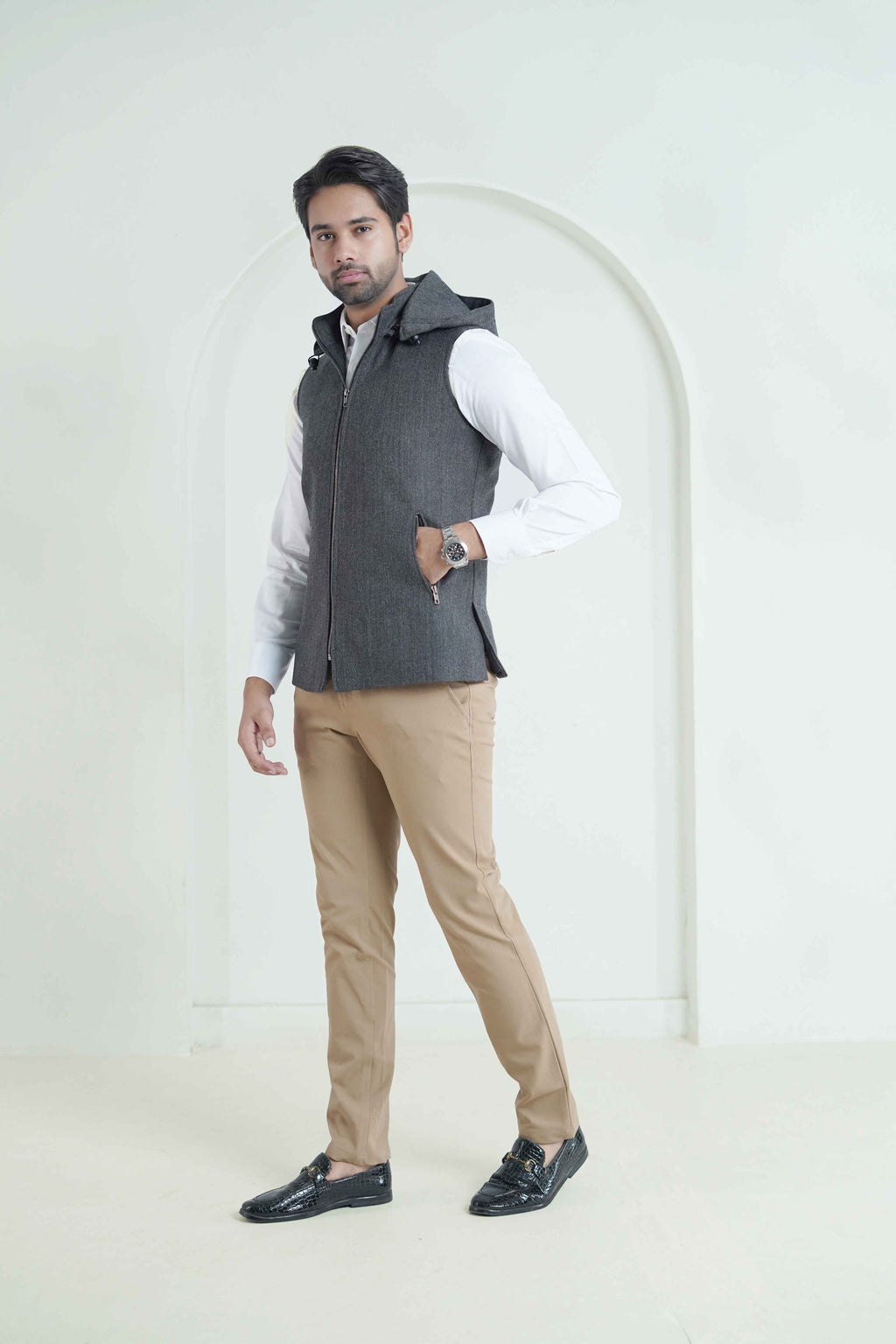 2560-00220-020-1-002 L-High Neck Hoodies Worsted Tweed Wool Rich Grey Winter 2