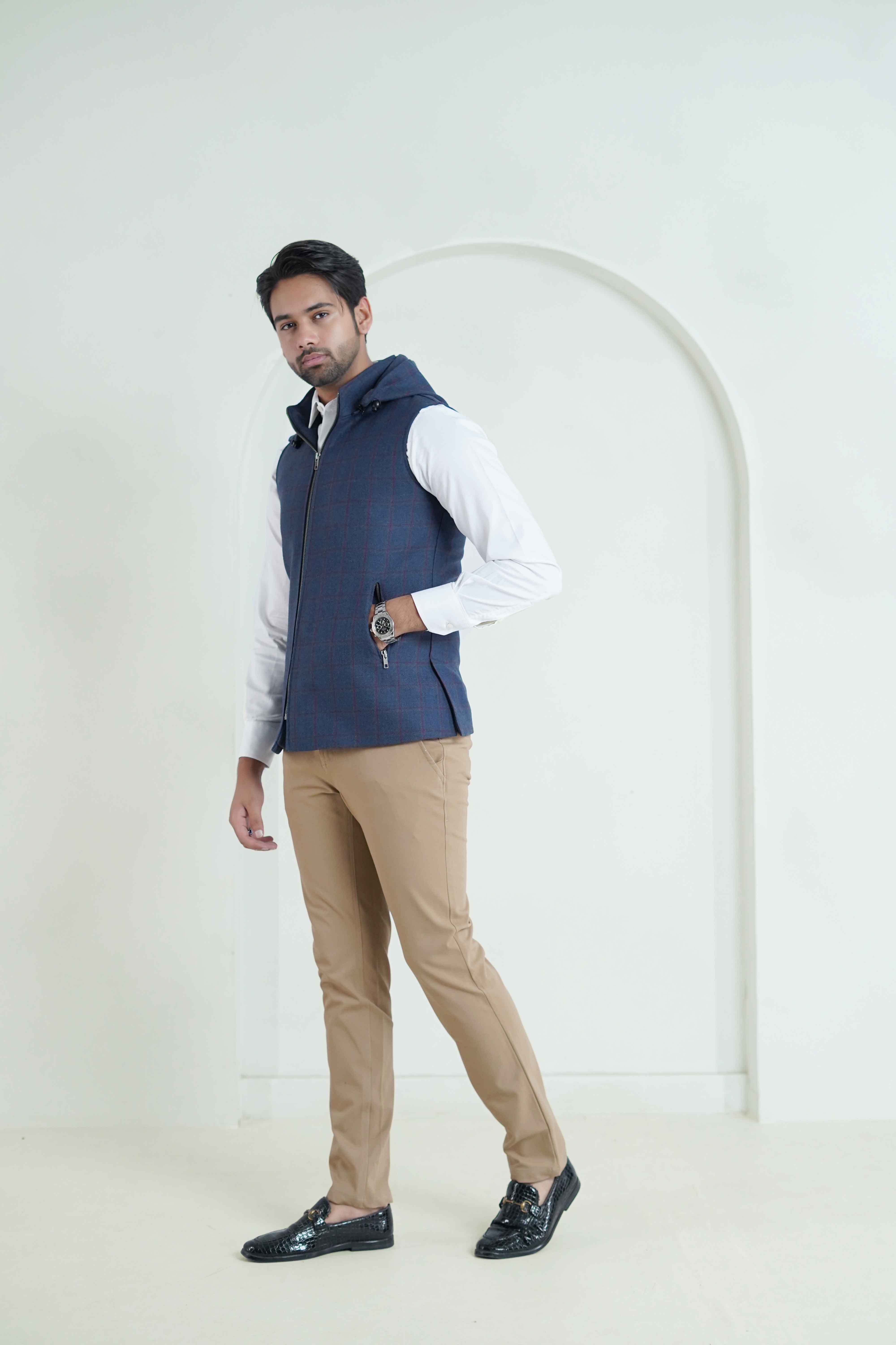 Royal Blue Windowpane Check Hoodie – Men Tweed Jacket Main image