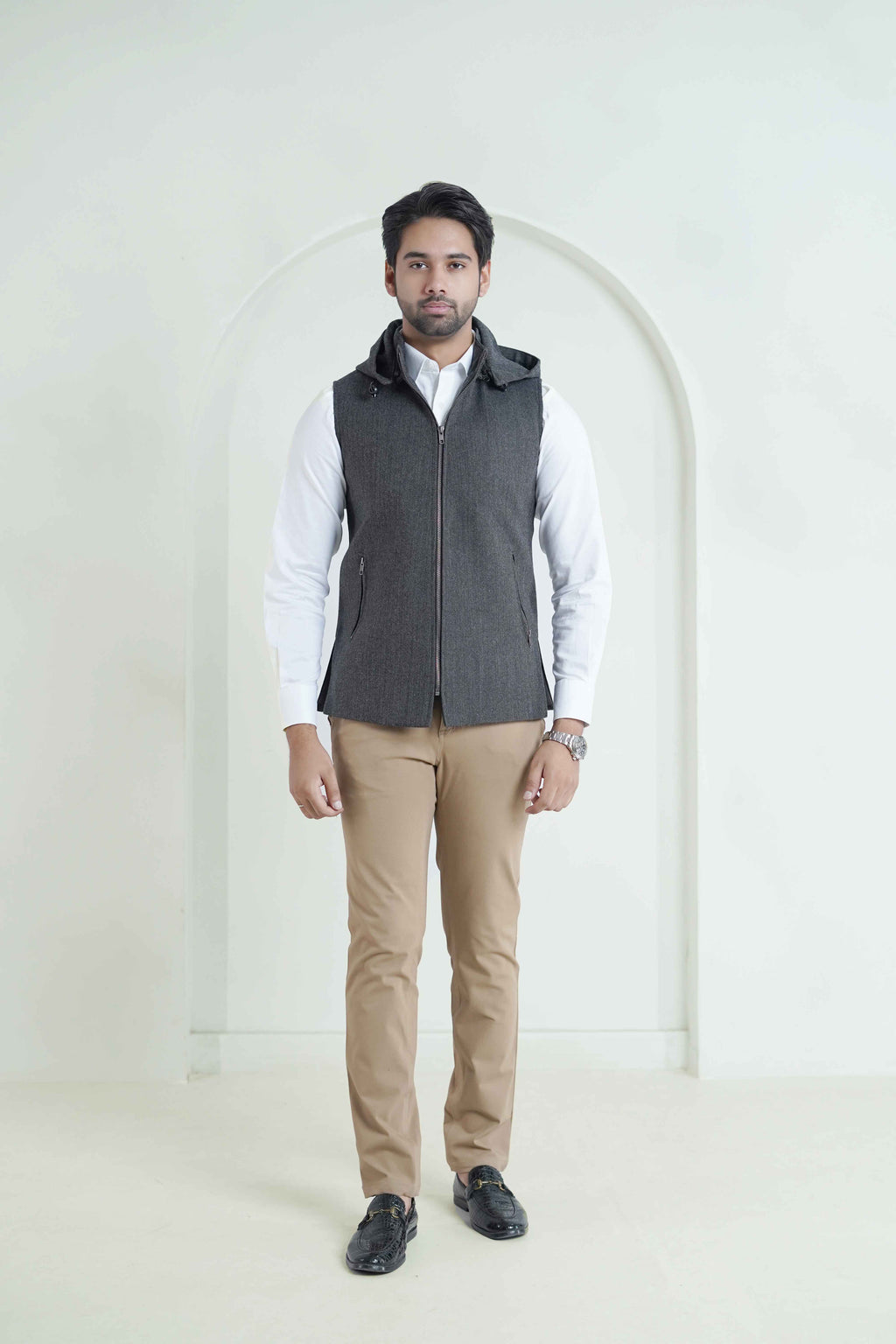 Grey Herringbone Tweed Hoodie – Men High Neck Winter Coat