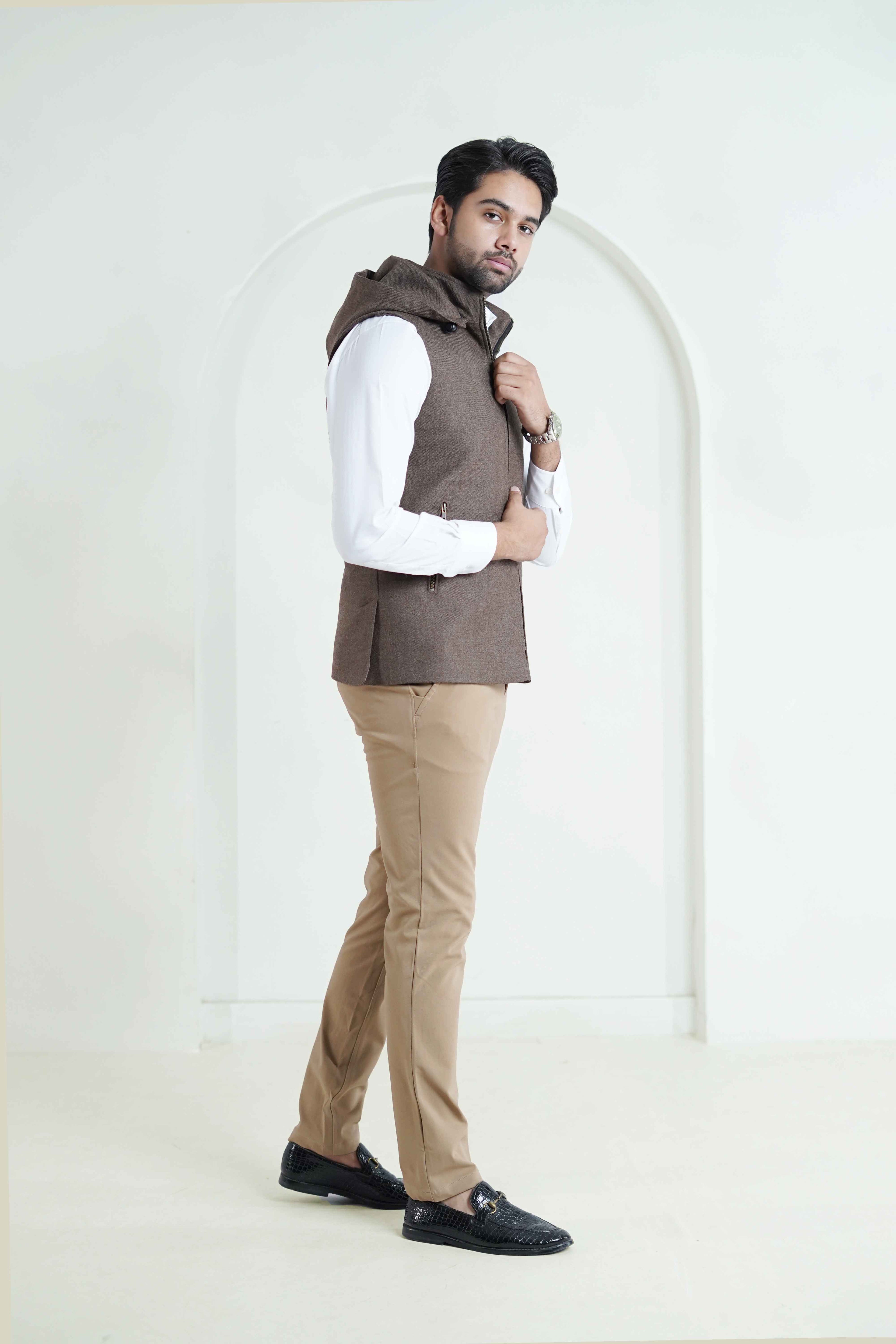 2560-00220-040-1-004 L-High Neck Hoodies Worsted Tweed Wool Rich Brown Winter 2