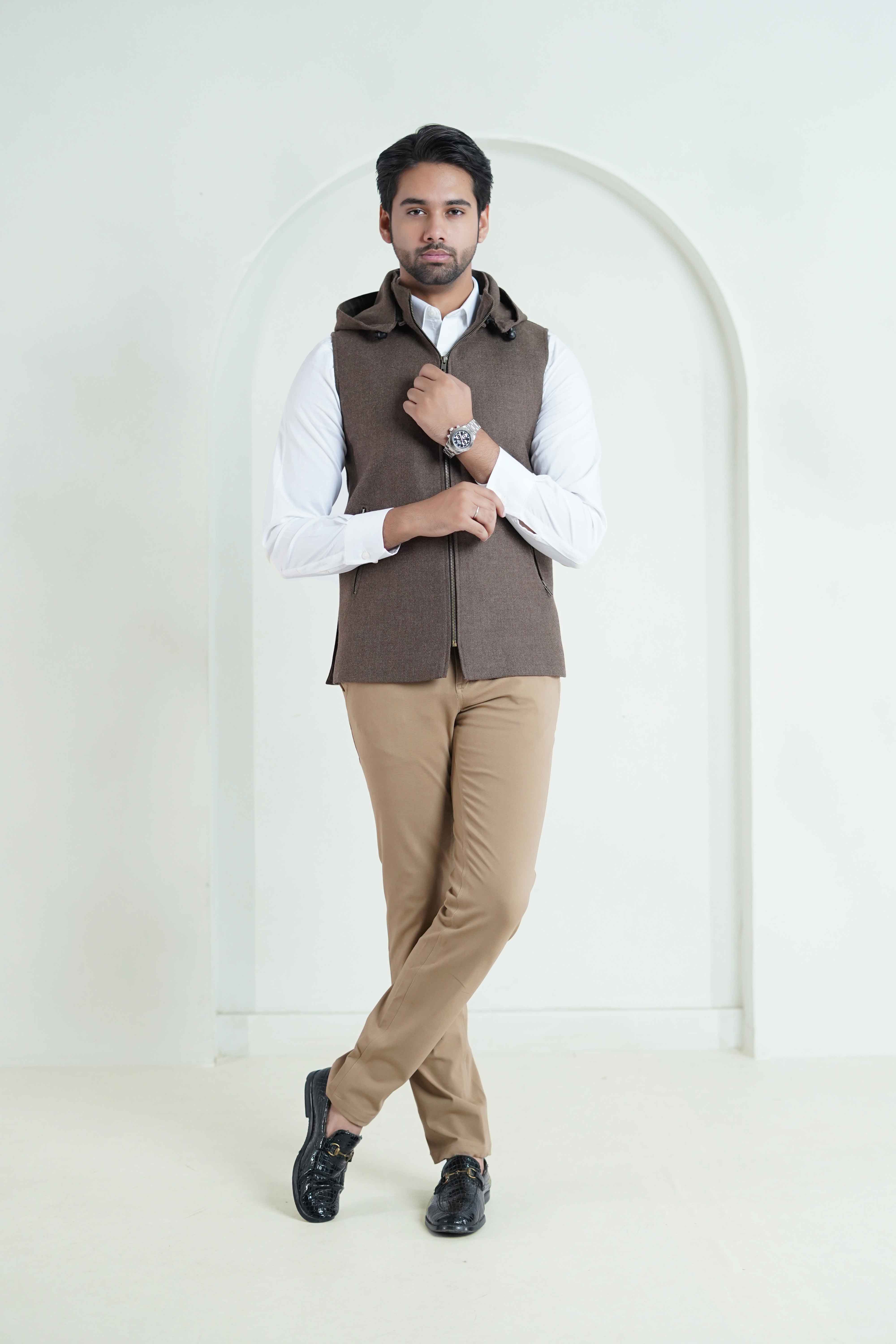 Camel Worsted Tweed High Neck Hoodie – Men Winter Wear Main image