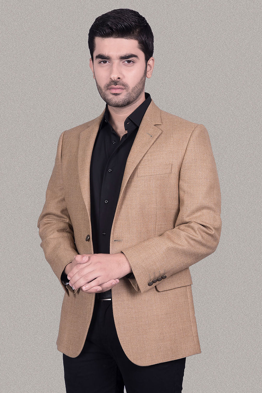 Peanut Brown Plain Tweed Blazer (SKU: 2210-00220-040-0-010) - Classic fit Main image
