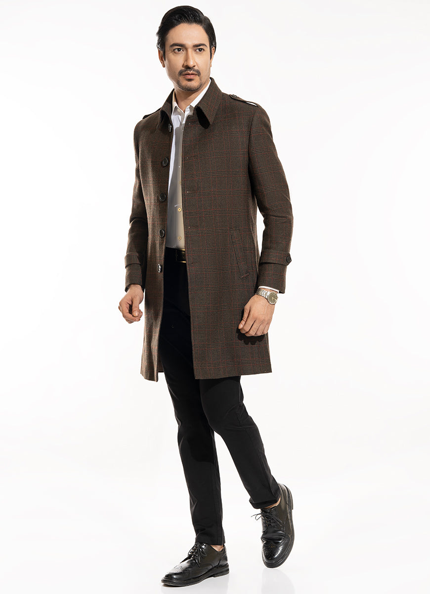 Glen Plaid Checks-Kombu Green, Wool Rich, Worsted Tweed Long Coats