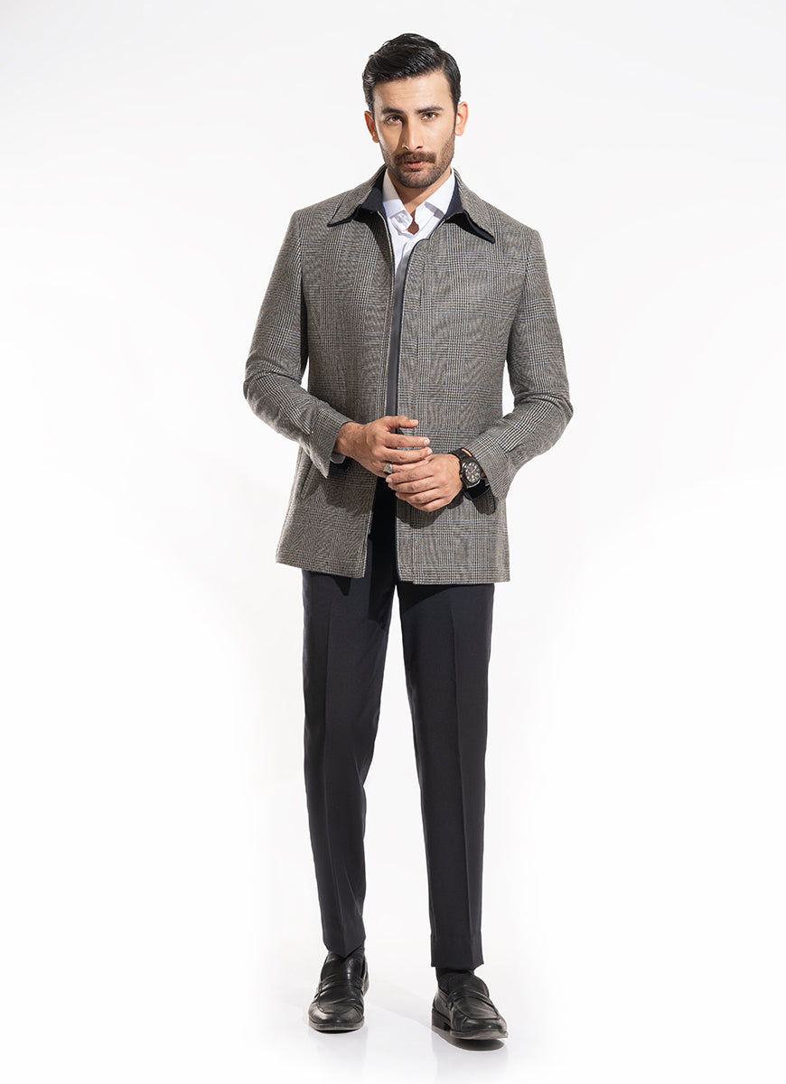 Glen Plaid Checks-Iron Grey, Wool Rich Worsted Tweed Double Collar Jacket