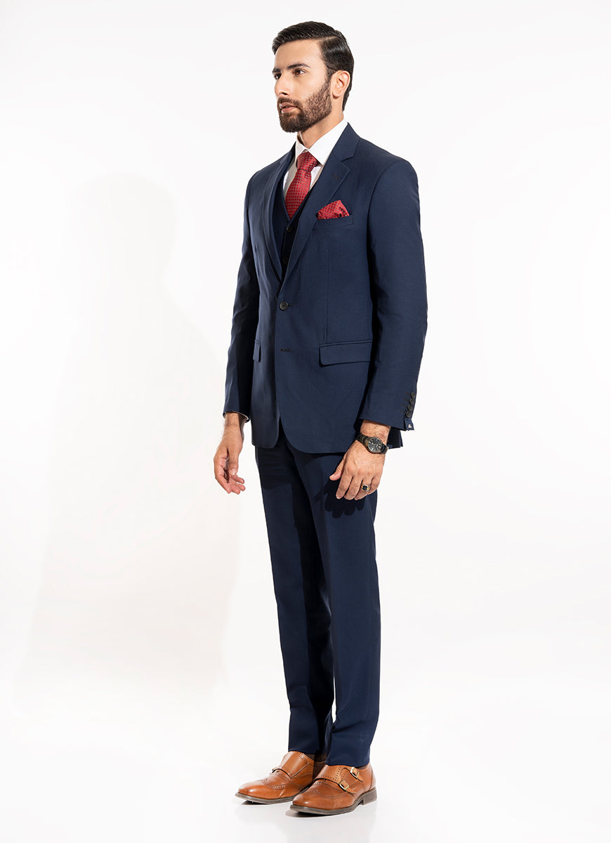 Plain-Navy Blue, Wool Rich 3 Pc Suits