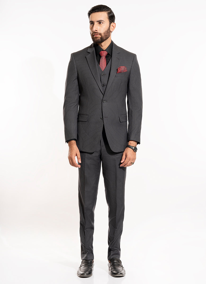 Thin Stripes-Charcoal Grey, Wool Rich 3 Pc Suits