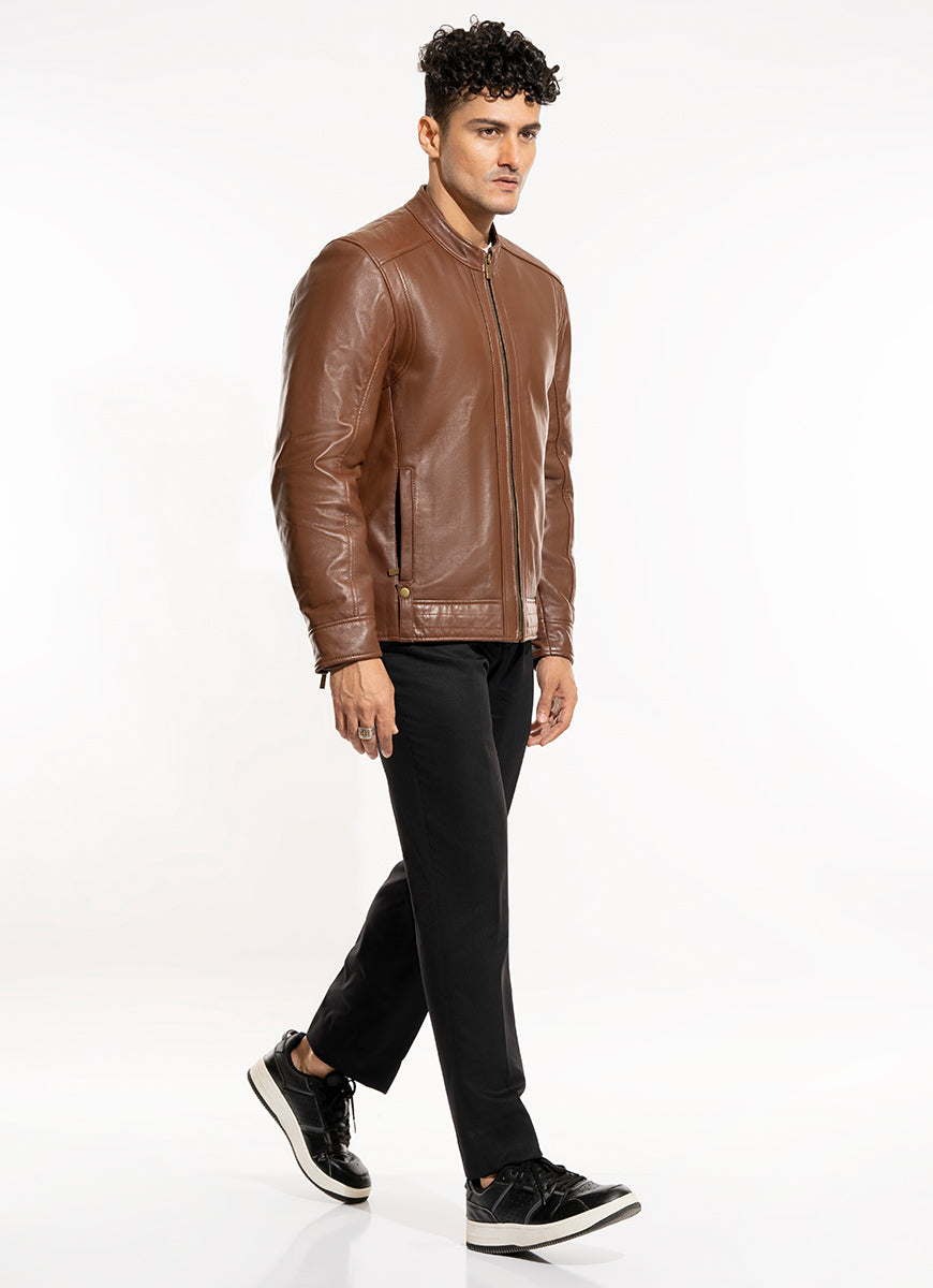 Plain-Brown, Leather Bomber Jacket