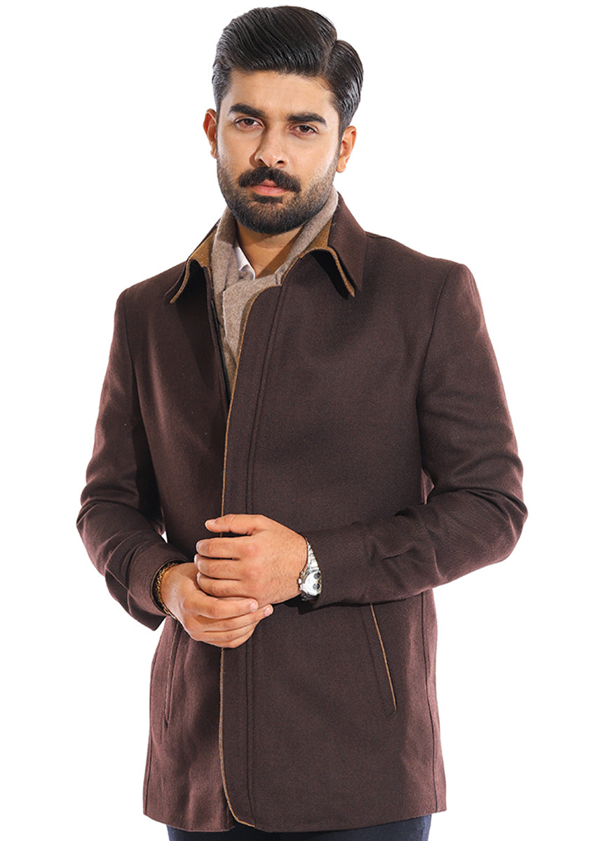 Plain Twill-Chocolate Brown, Wool Rich,  Regular Fit, Double Collar Jacket