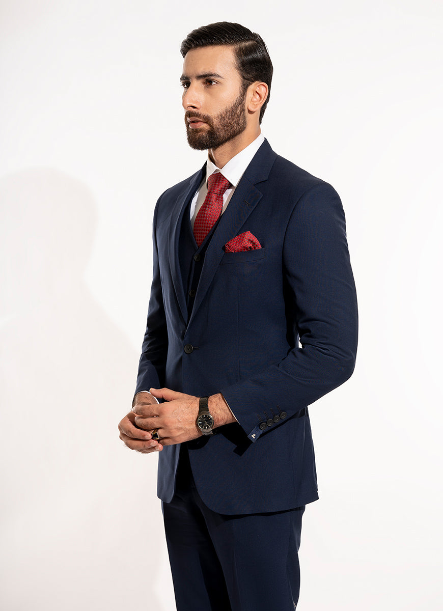 Plain-Navy Blue, Wool Rich 3 Pc Suits