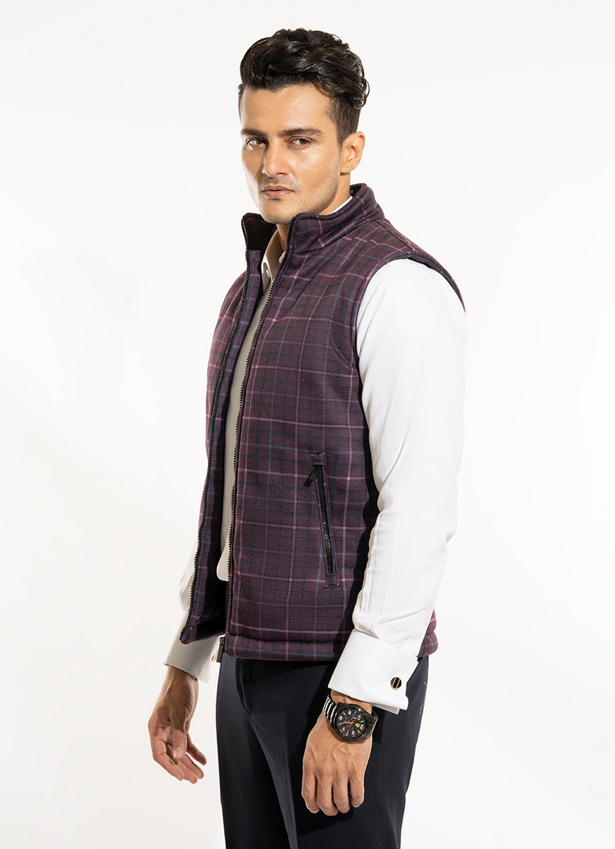 Windowpane Checks-Maroon, Cotton Fleece Sublimation Sleeveless Zipper Jacket