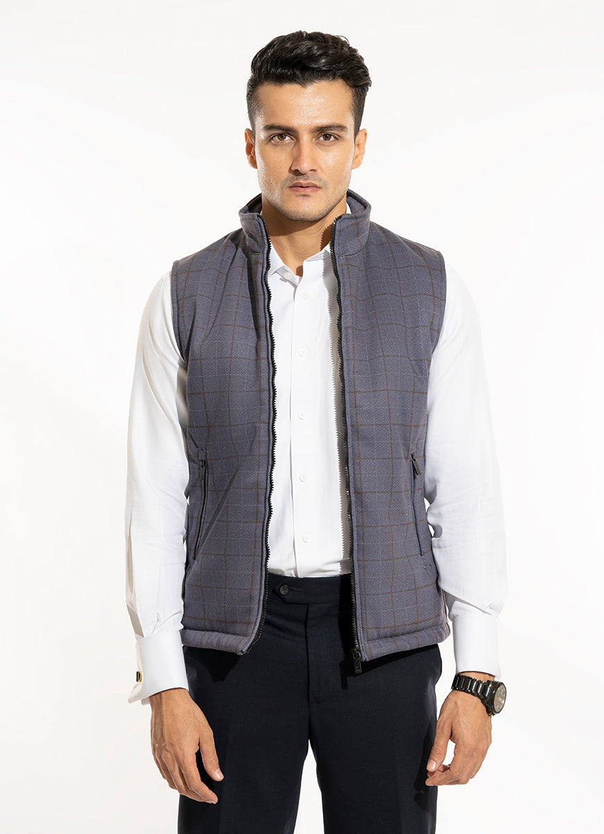 Windowpane Checks-Grey, Cotton Fleece Sublimation Sleeveless Zipper Jacket