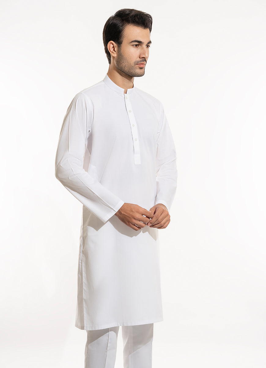 Self Textured-White (Medium Striped Style), 100% Fine Cotton Kurta