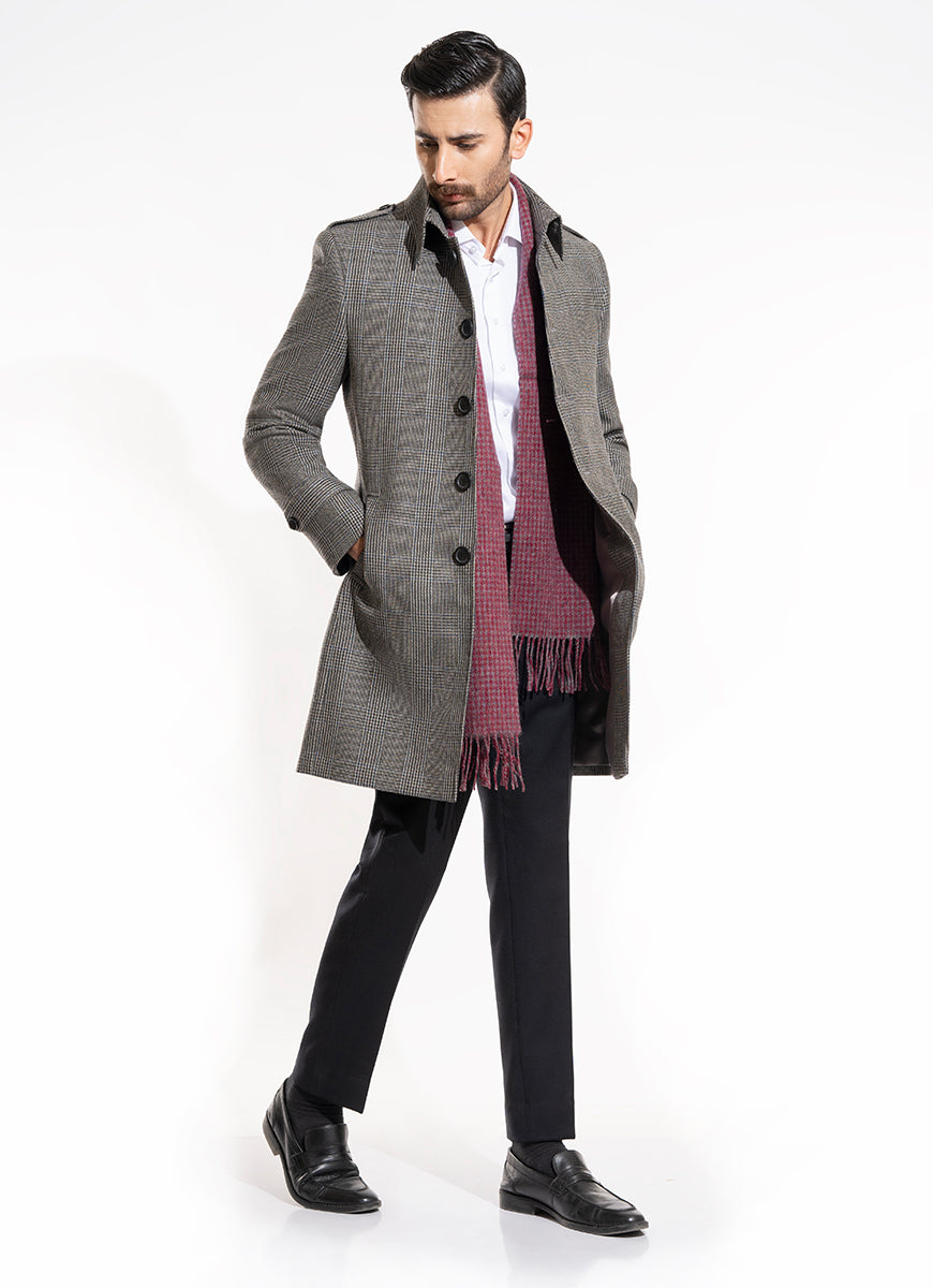 Glen Plaid Checks-Iron Grey, Wool Rich Worsted Tweed Long Coat