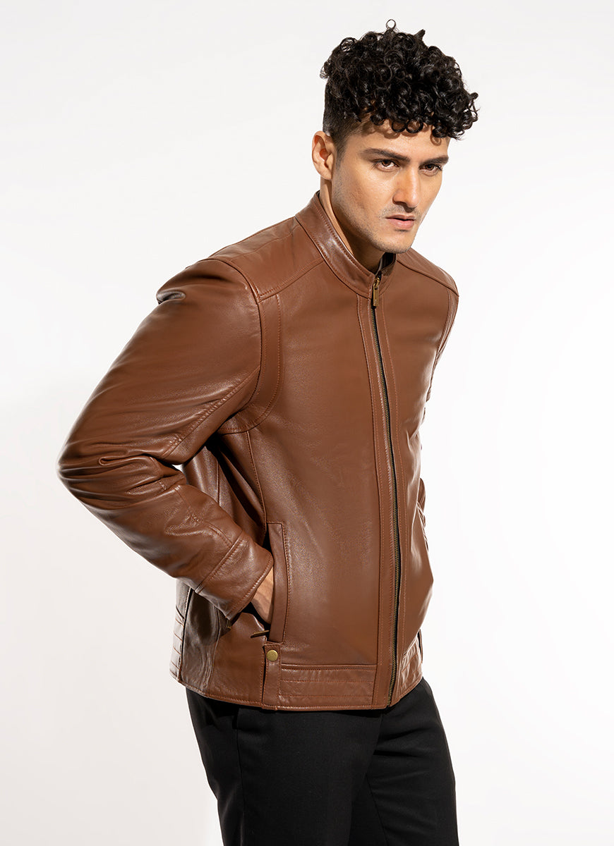 Plain-Brown, Leather Bomber Jacket