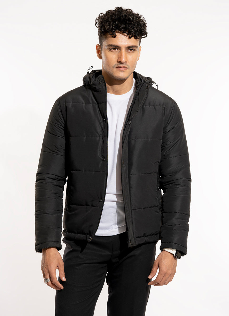 Plain-Black, Nylon Parachute Bubble Zipper Jacket with Hoodie