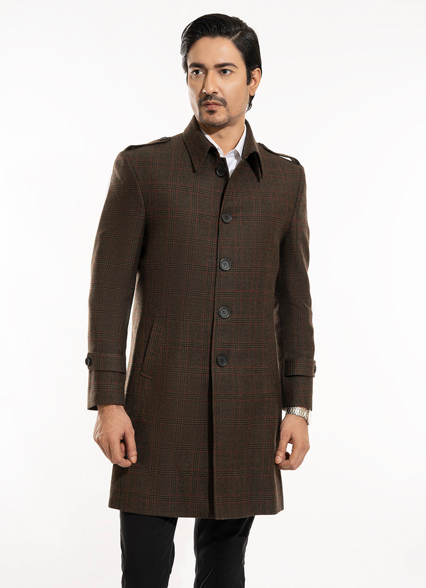 Glen Plaid Checks-Kombu Green, Wool Rich, Worsted Tweed Long Coats