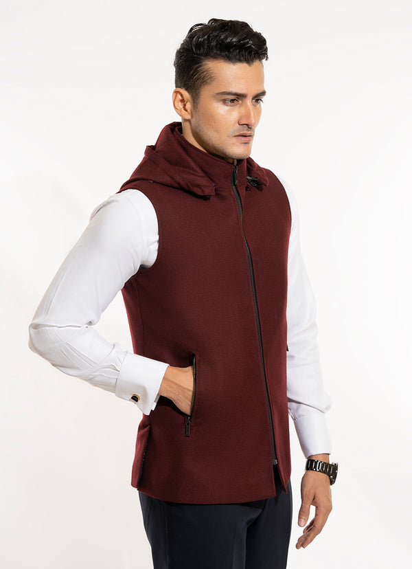 Plain Twill-Maroon, Wool Rich, Worsted Tweed High Neck Sleeveless Hoodie