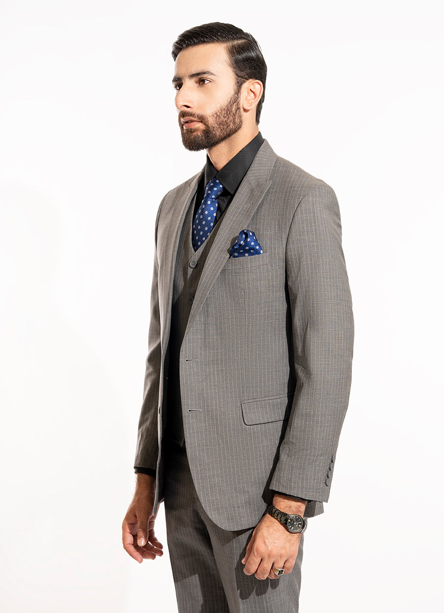 Stripes-Charcoal Grey, Wool Rich 3 Pc Suits