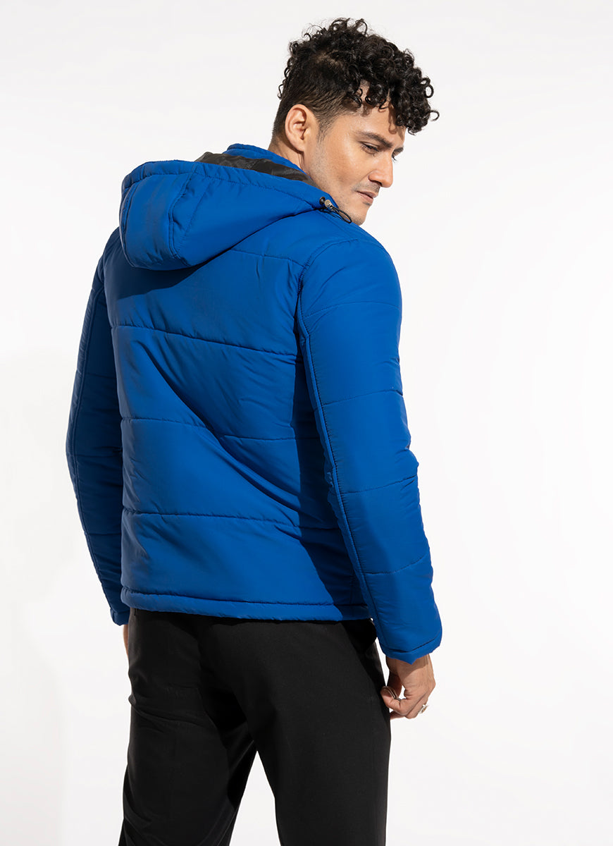 Plain-Royal Blue, Nylon Parachute Bubble Zipper Jacket with Hoodie