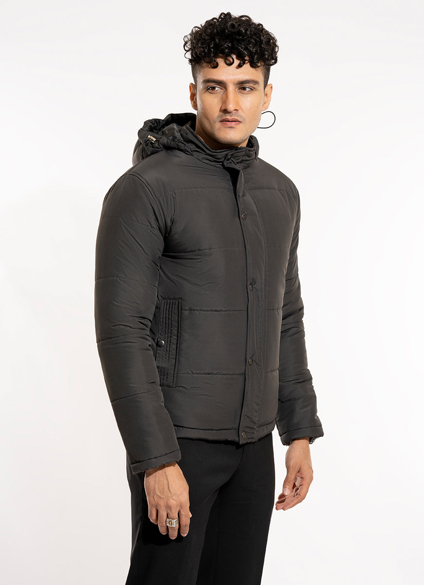 Plain-Dark Grey, Nylon Parachute Bubble Zipper Jacket with Hoodie