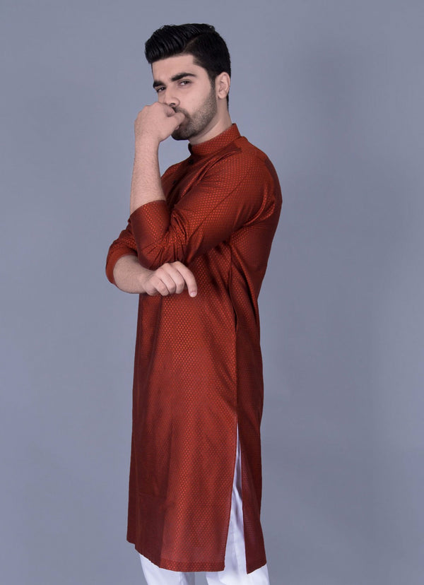 Orange Diamond Self Texture Jamawar Kurta