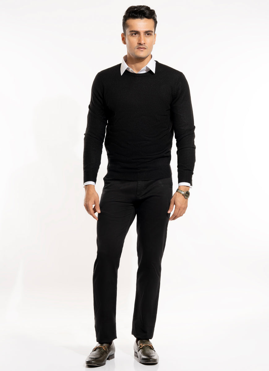 Plain-Black Merino Wool and Acrylic Blend Crew Neck Sweaters