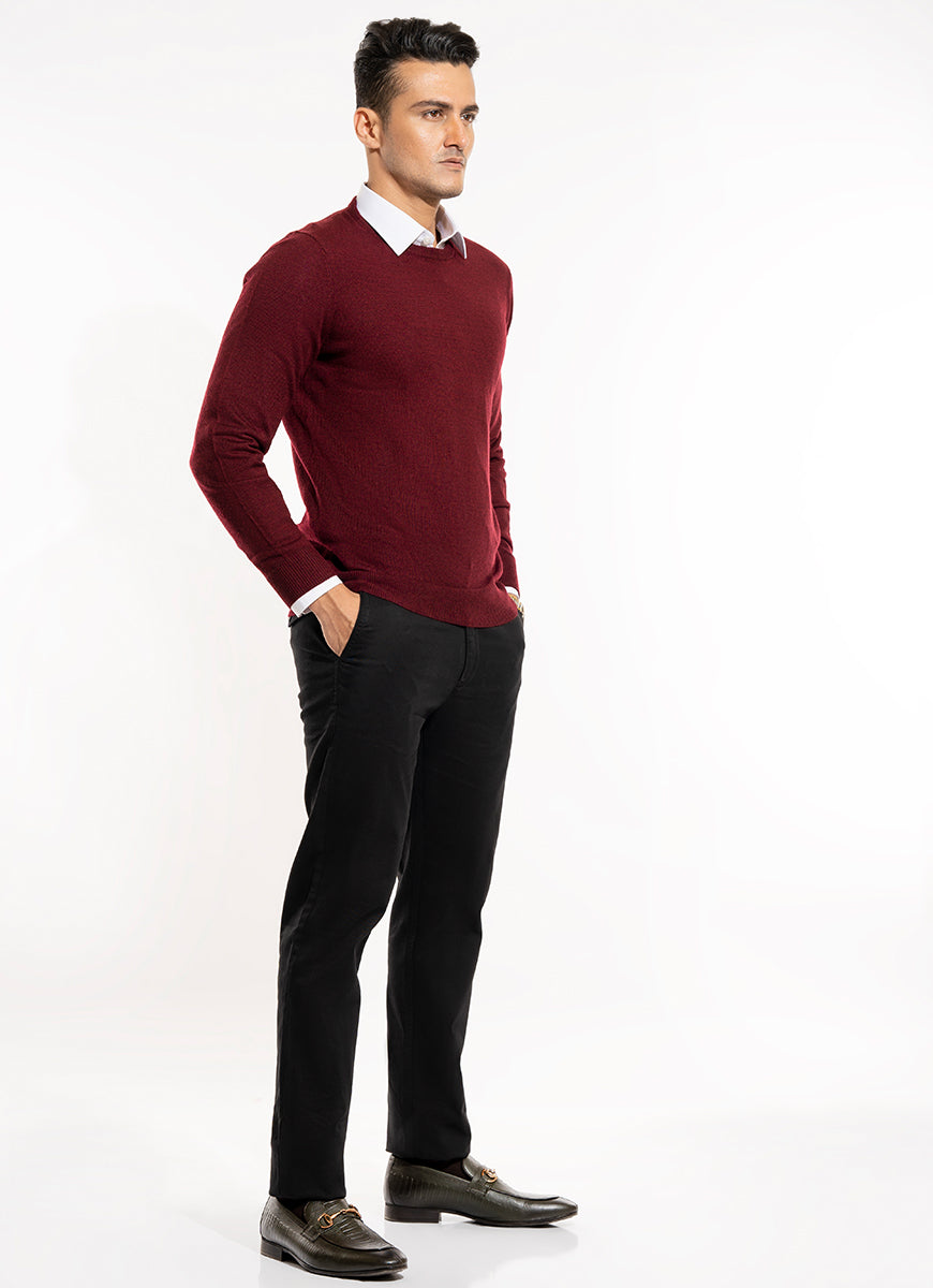 Plain-Maroon Merino Wool and Acrylic Blend Crew Neck Sweaters