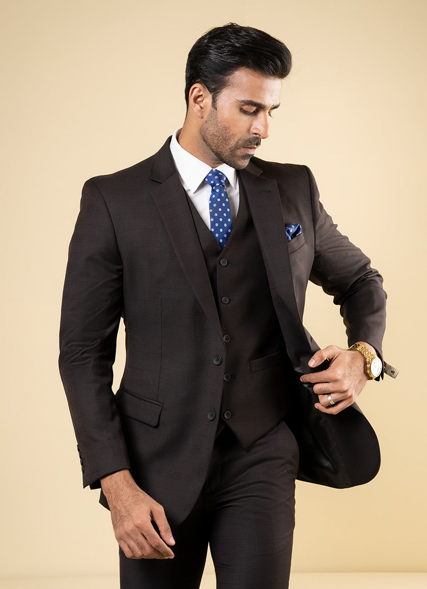 Windowpane Checks-Dark Chocolate, Wool Blend, Regular/Tailor Fit, Classic 3 Pc Suits