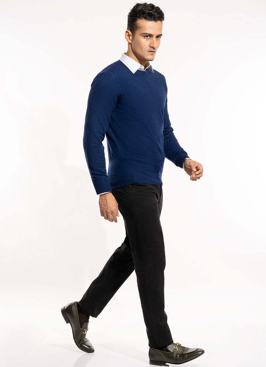 Plain-Blue Merino Wool and Acrylic Blend Crew Neck Sweaters