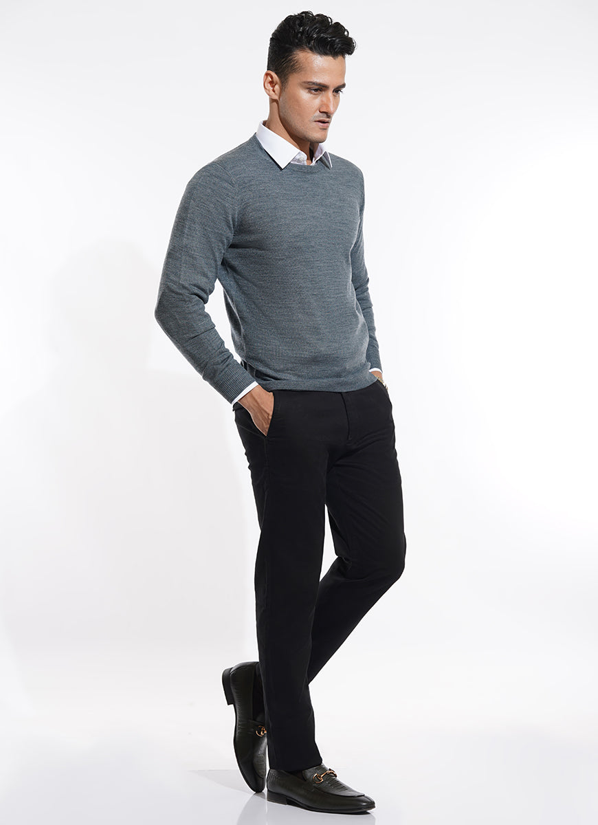 Plain-Grey Merino Wool and Acrylic Blend Crew Neck Sweaters