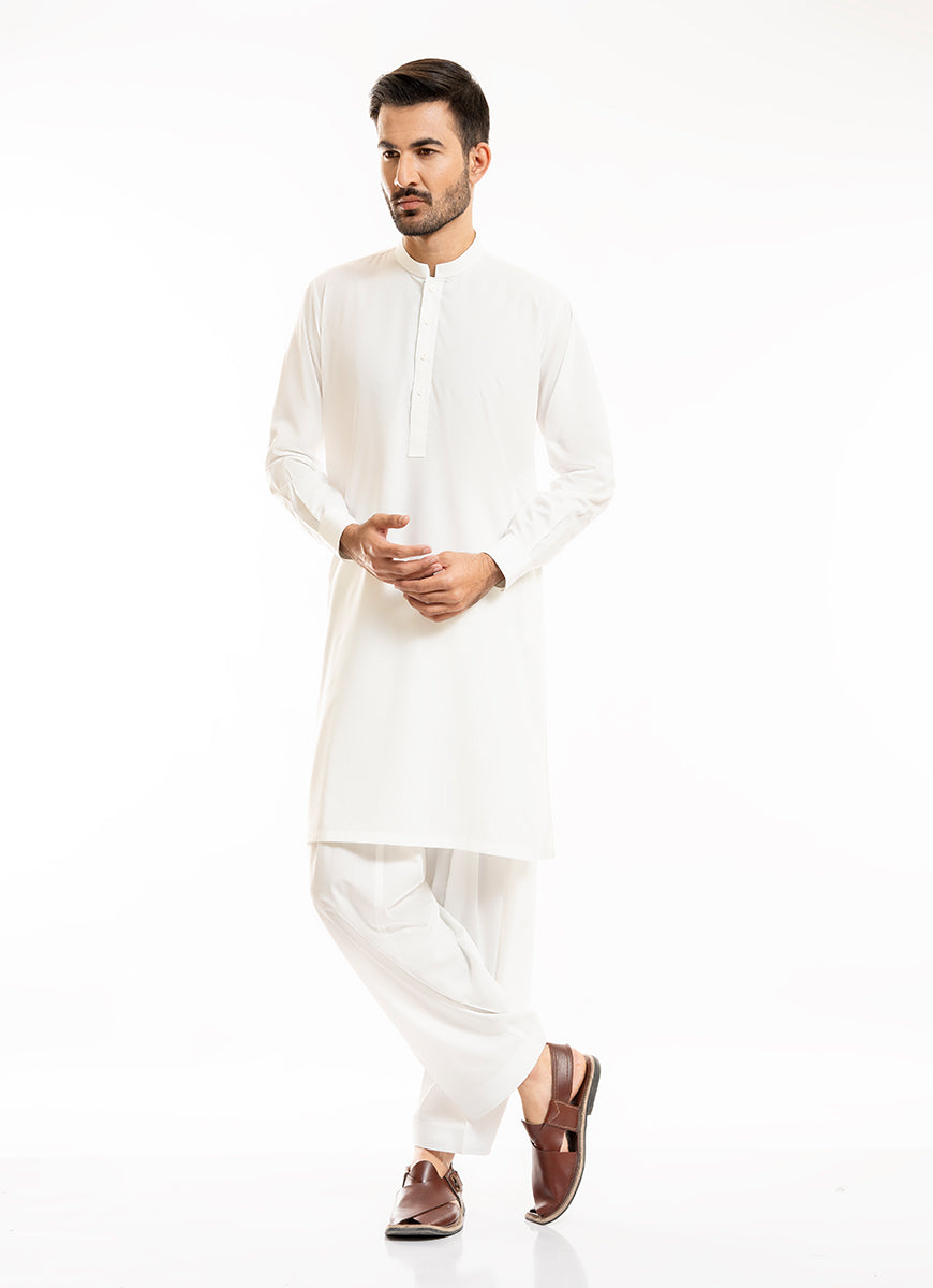 Plain-Off White, Poly Viscose Wash N Wear Shalwar Kameez