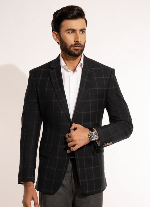 Windowpane Checks-Dark Grey, Regular Fit, Hi-End Poly Viscose, Classic Blazer