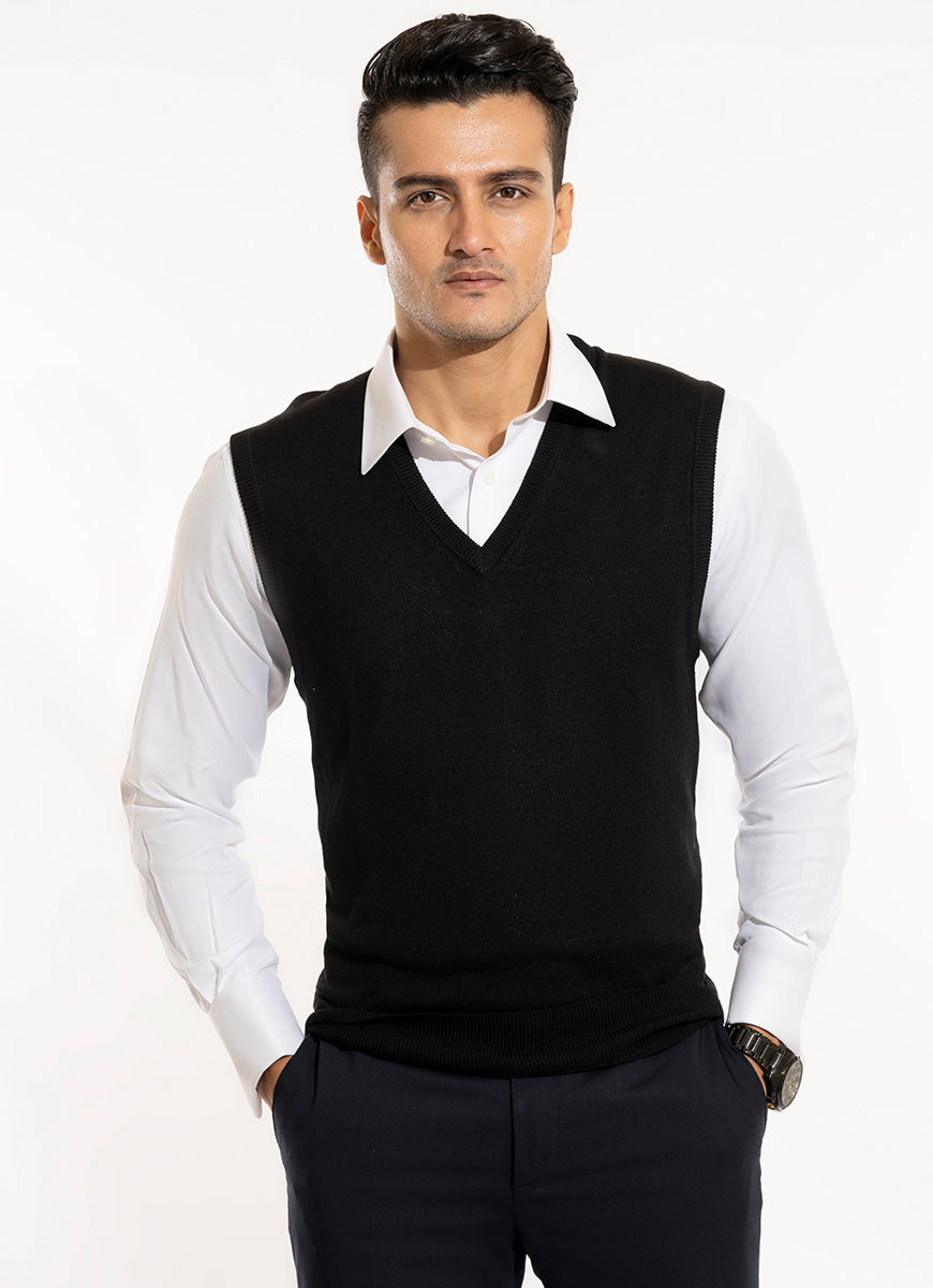 Plain-Black Merino Wool and Acrylic Blend Sleeveless Sweaters