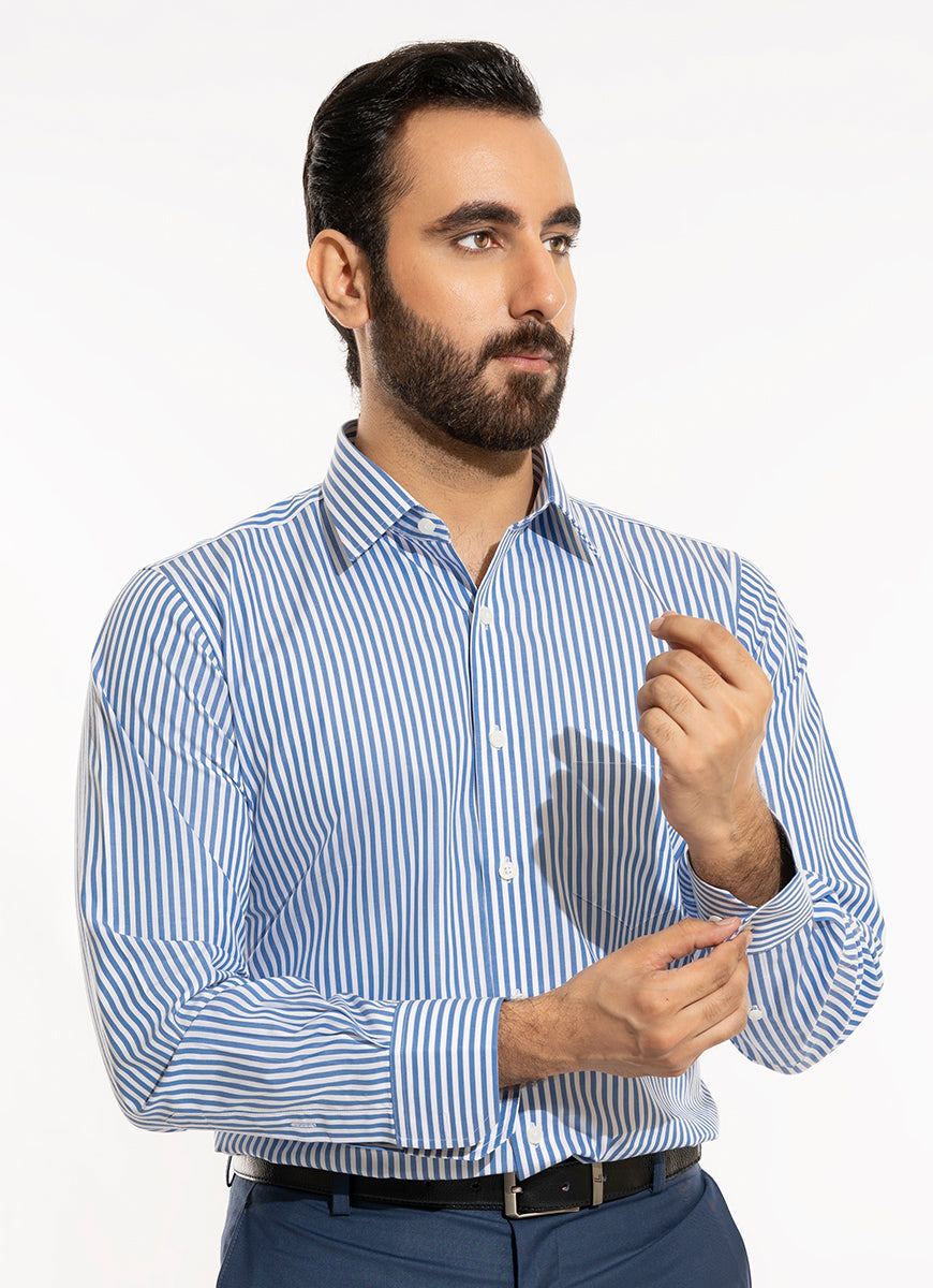 Bengal Stripes-Mid Blue on White Base, 100% Super Fine Cotton Formal Shirt