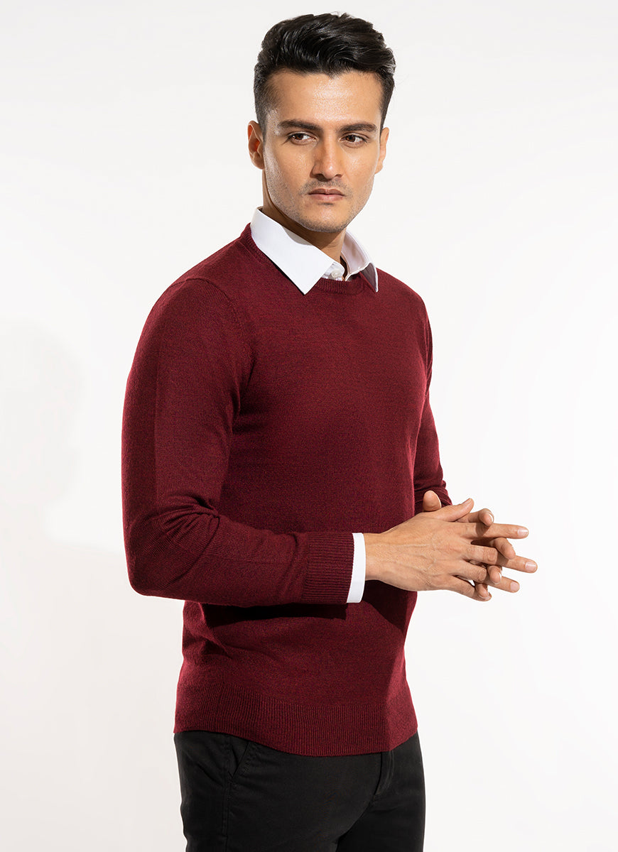 Plain-Maroon Merino Wool and Acrylic Blend Crew Neck Sweaters