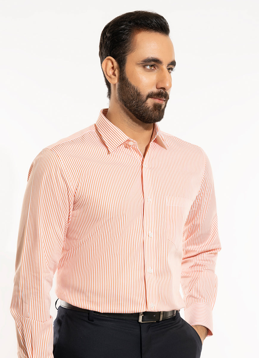 Stripes-Orange on White Base, 100% Super Fine Cotton Formal Shirts