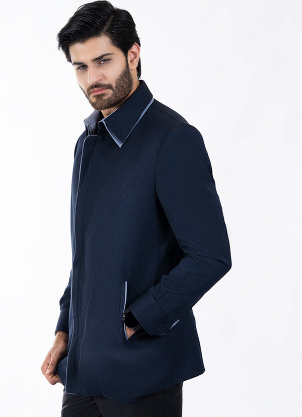 Self Stripes-Blue, Regular Fit, Poly Viscose, Double Collar Jacket