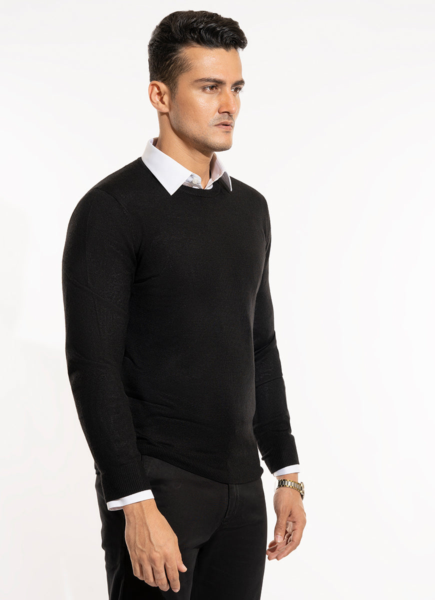 Plain-Black Merino Wool and Acrylic Blend Crew Neck Sweaters